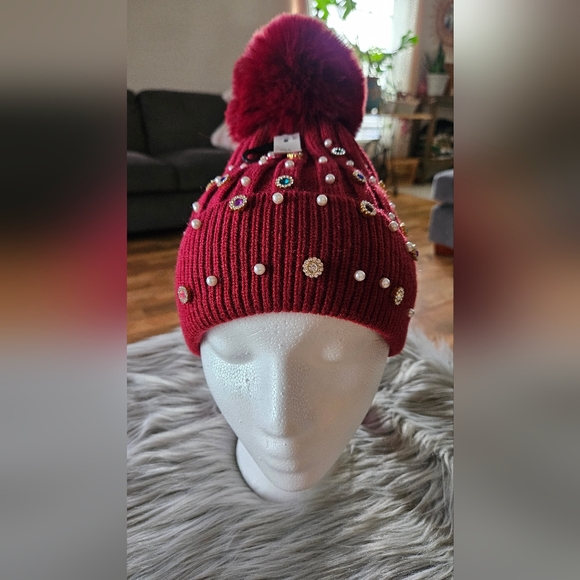 Jennifer Accessories - Elegant Red Beanie with Pom Pom and Pearl Accents